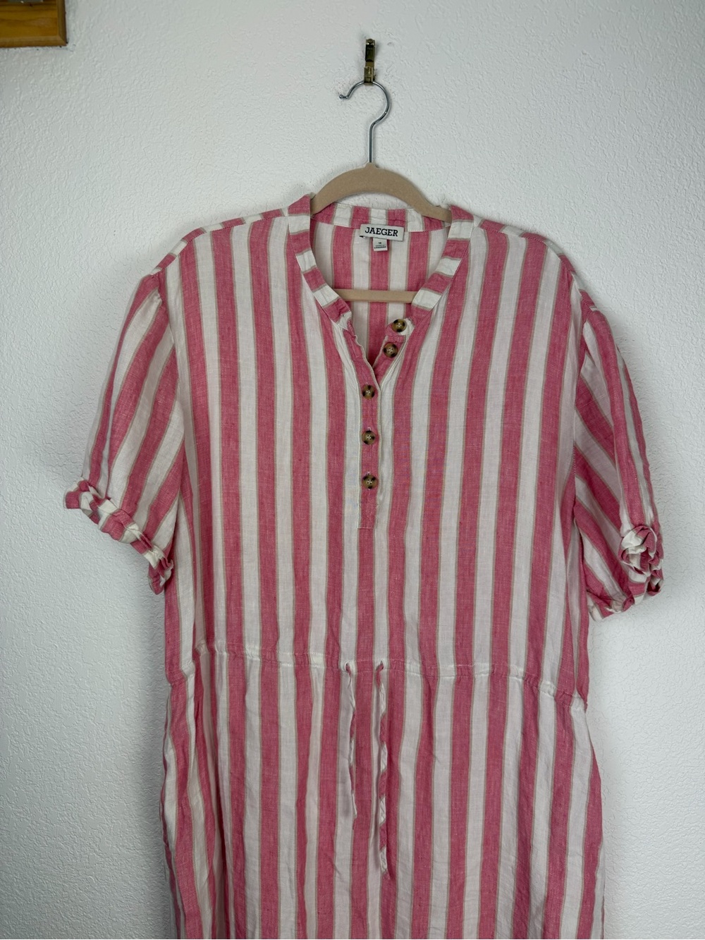 Jaeger Shop Pure Linen Striped Midi Waisted Dress Pink white 18/Large - Picture 6 of 14